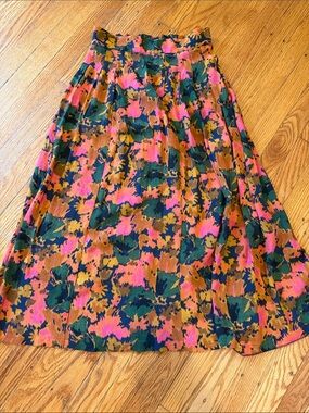 Sezane Floral Midi Skirt in Pink, Green & Brown